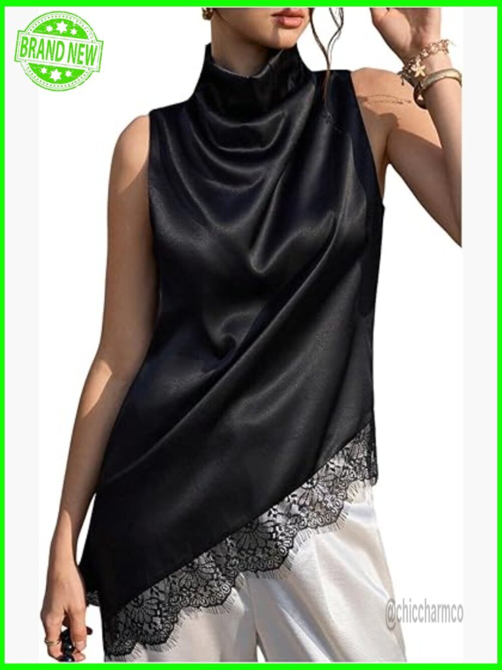 Sleeveless Lace Trim Cowl Neck Satin Tank Top Streetwear
